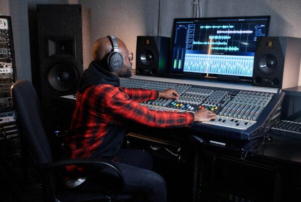 Male music producer using DAW software