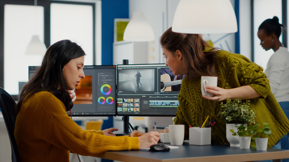 Learners collaborating in a creative workspace